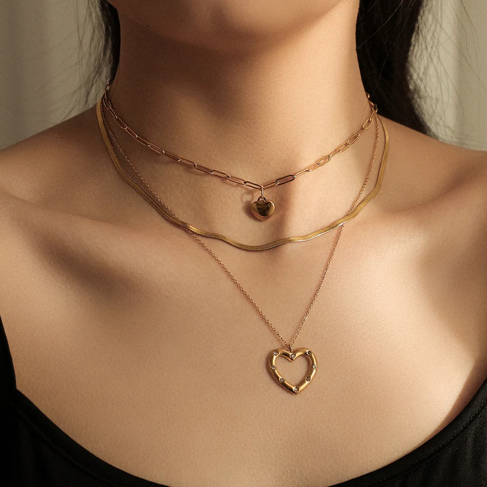 

Multilayer Necklace Stainless Steel Gold Heart Snake Bone Chain Fashion Temperament Light Luxury Clavicle Chain Women's Jewelry