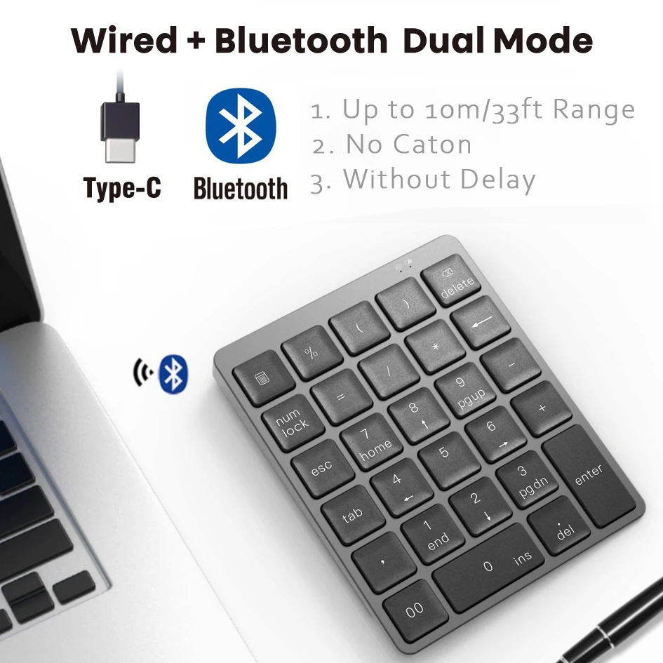 

Aluminum Alloy 28Keys Bluetooth Wireless Numeric Keypad with USB HUB More Function Keys Mini Numpad for Accounting Tasks Compute