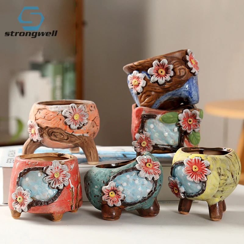 

Strongwell Home Garden Potted Korean Vintage Painted Floret Succulent Ceramic Flower Pot Planter Art Ornament Decor Flowerpots