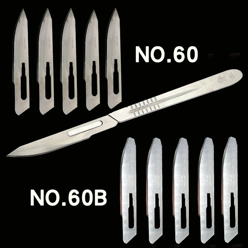 1 Handle and 5 Pcs of No. 60 Blade Set Swann-Morton  Long Surgical Blade No. 60 Pointed Tip   No. 60B Round Head Sharp Blade