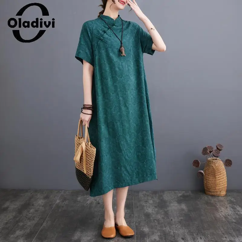 

Oladivi Fashion Women Short Sleeve Large Size Linen Dress Summer New Casual Loose Dresses Vintage Ladies Oversized Clothing 9105