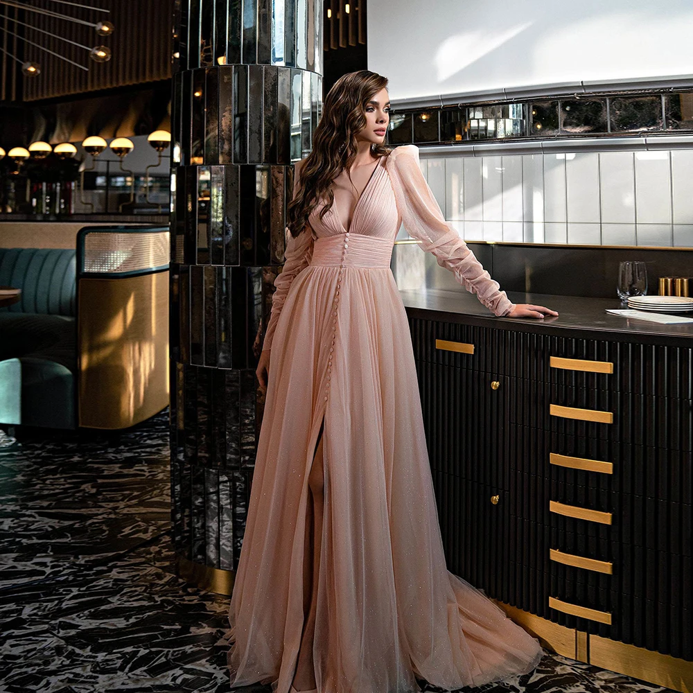 

Sparkly Prom Dresses Deep V Neck Long Sleeves Party Gowns A-Line Tulle Evening Dress Floor Length Front Slit 2023 فساتين السهرة
