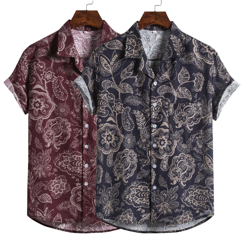 Men's Cotton Polyester Summer Short Sleeve Shirt Wood Leaf Pattern Hawaiian Beach Male Shirts Casual Blouse For Men