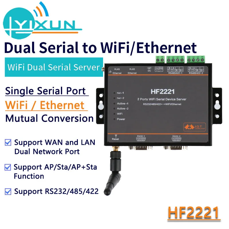 Двухпоследовательный WIFI-сервер HF2221, промышленный 2-портовый последовательный сервер Modbus RS232/RS485/RS422 для модуля Wi-Fi Ethernet-устройства DTU