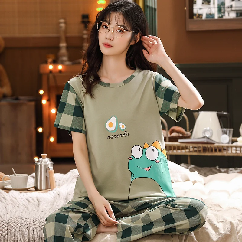 Summer New Women Cotton Pajamas Letter Striped Sleepwear Cartoon Pajama Sets Casual Sleep&Lounge Pyjamas Plus Size 3XL Pijama