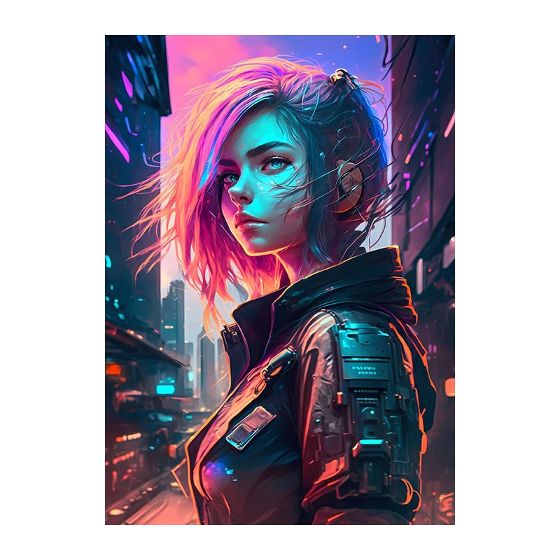 Киберпанк будущее городская девушка Картина на холсте с рамкой фиолетовая