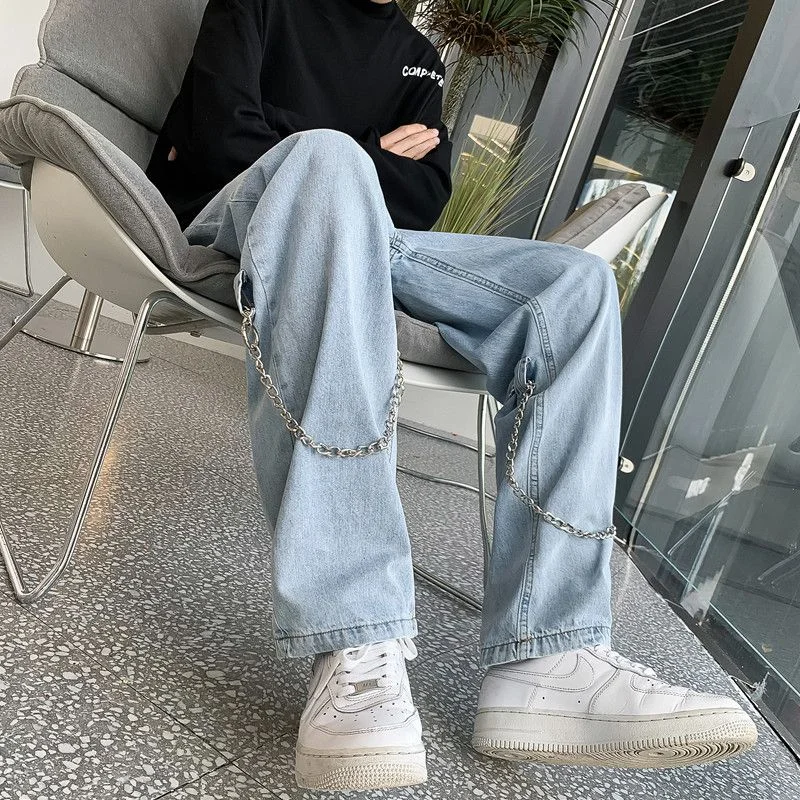 DEEPTOWN Vintage Chain Jeans for Men Hip Hop Streetwear Denim Straight Pants Black Loose Casual Trousers Male Japanese Spring