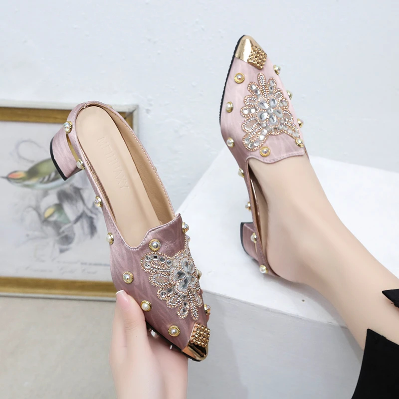 

Women Flat Designer Shoes Backless Ladies Foxy Crystal Slides Pointed Toe Mess Hollow Loafers