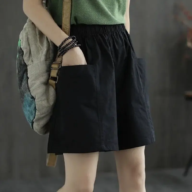 WTEMPO Cotton Wide Leg Shorts Women's Chic Pockets High Waist Slim Versatile Casual Shorts Fashion StreetWear Womens Shorts