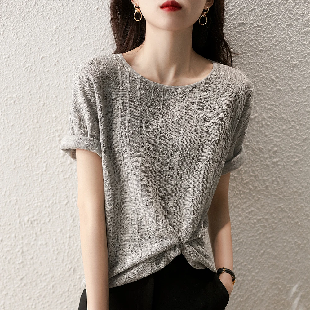 

BOBOKATEER Elegant Tops Women 2022 Summer Short Sleeve Camisas De Mujer Woman Tshirts O-Neck Knitted T-shirty Damskie Haut Femme