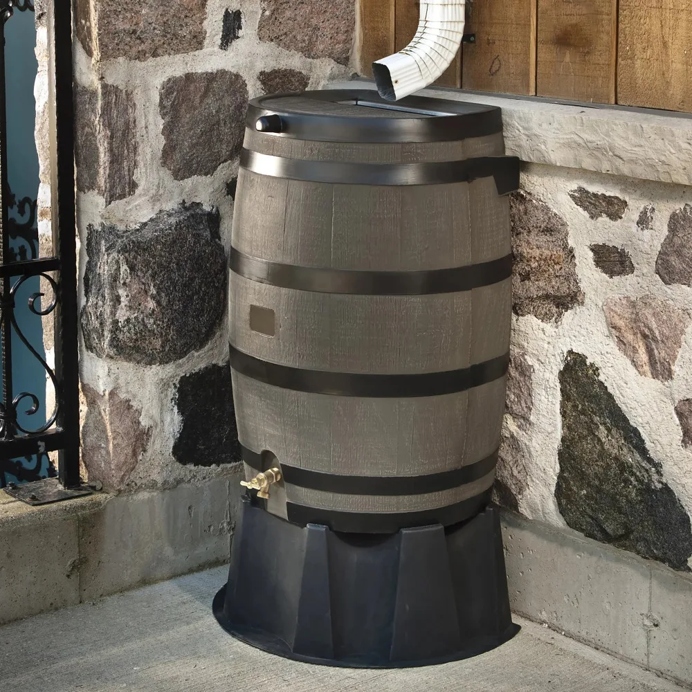 

Polyethylene 50 Gallon Flat Back Brass Spigot Rain Barrel, Woodgrain with Black Stripes Color