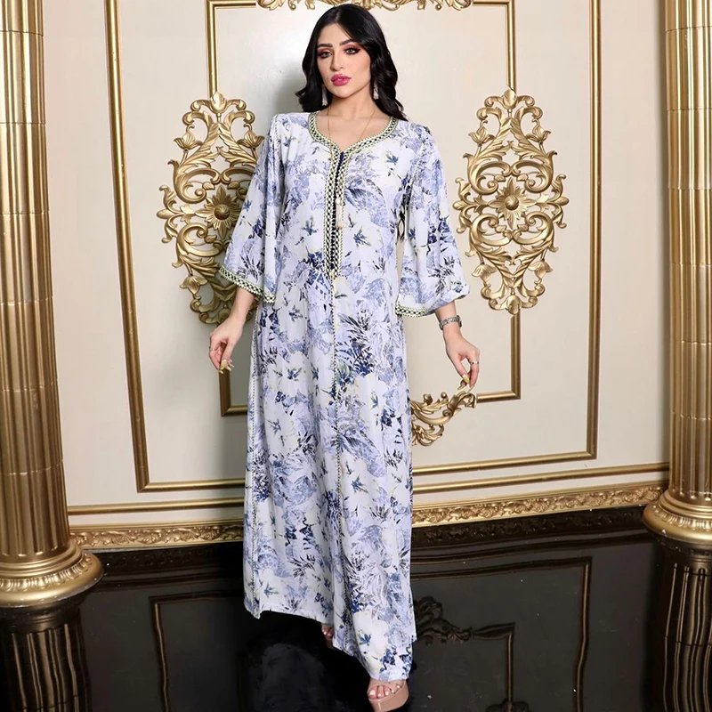 2022 Robe Muslim Chiffon Floral Dress Islamic Clothing Jalabiyat Women Ramadan Moroccan Woman Jellaba Мусульманские Платья Ab087