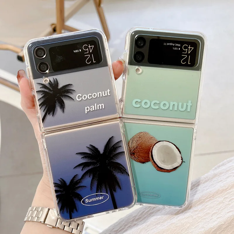 

Ins Style Coconut Tree Gradient Phone Case for Samsung Galaxy Z Flip 4 3 Hard Cover for ZFlip3 Zflip4 Solid Shell Bracket