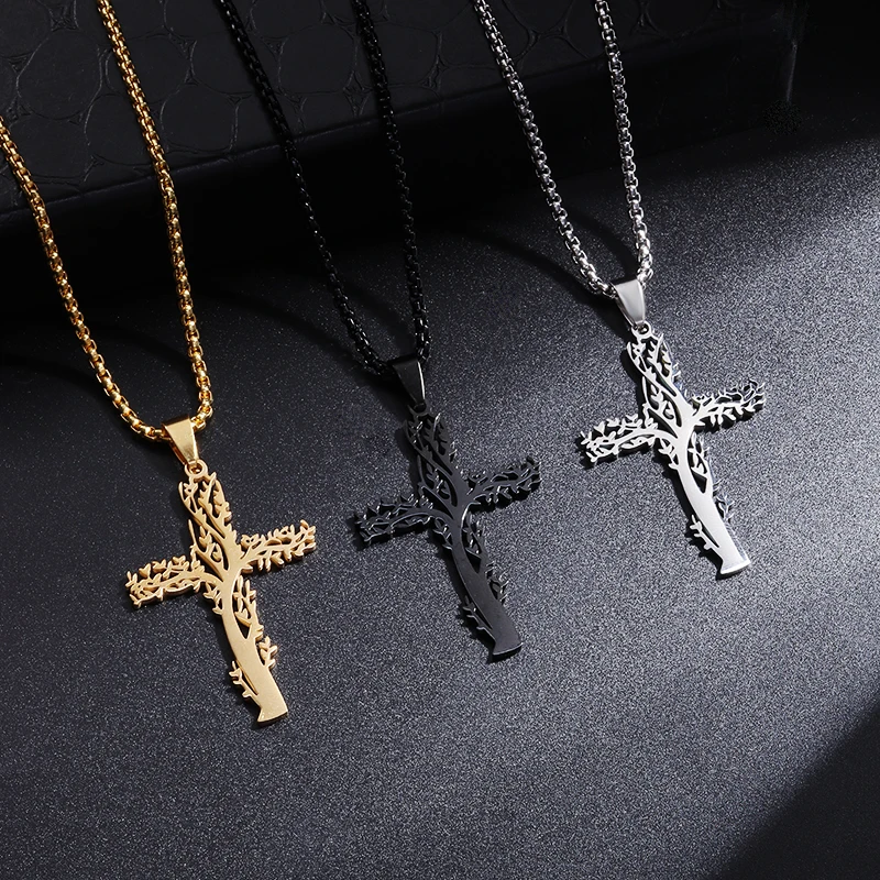 

Fashion Stainless Steel Tree of Life Cross Pendant Necklace Men Women Religious Prayer Amulet Jewelry
