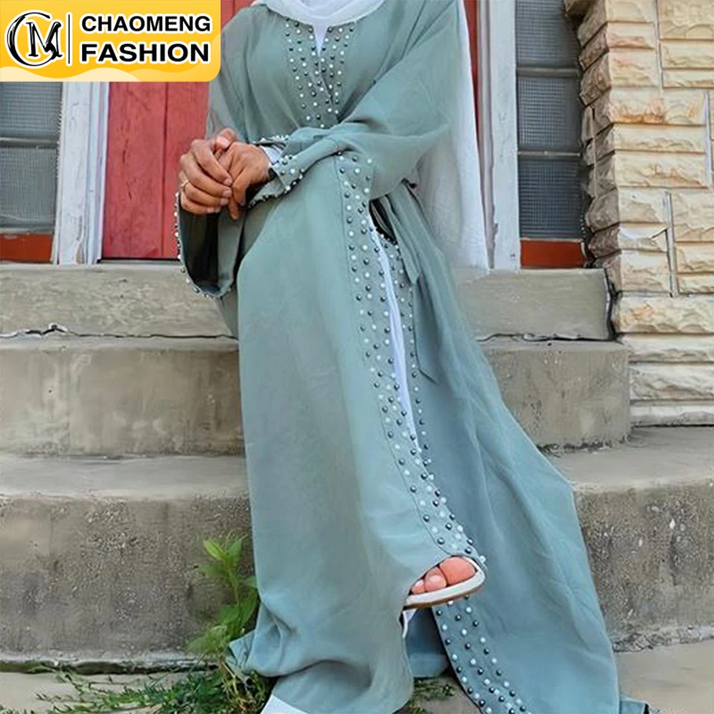 

Middle East Eid Muslim Fashion Pearls Kimono Modest Elegant Cardigan Dubai Abaya For Women Kaftan Arab Turkey Islamic Clothing