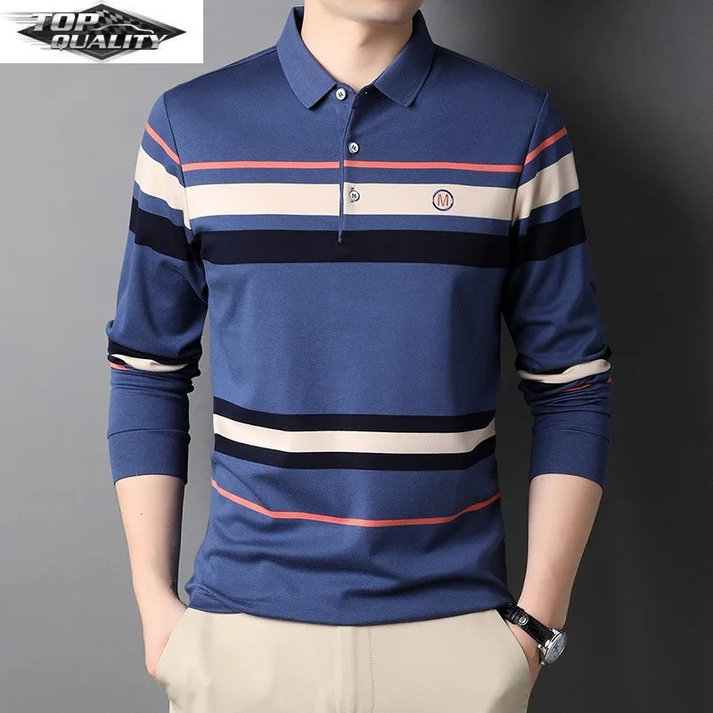 

Высококачественная хлопковая Новая модная дизайнерская брендовая роскошная мужская рубашка-поло с длинным рукавом, полосатые повседневны...