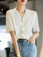 camiseta mujer new fashion button top woman v neck knitted tshirts for women 2022 summer short sleeve tops tees casual clothing