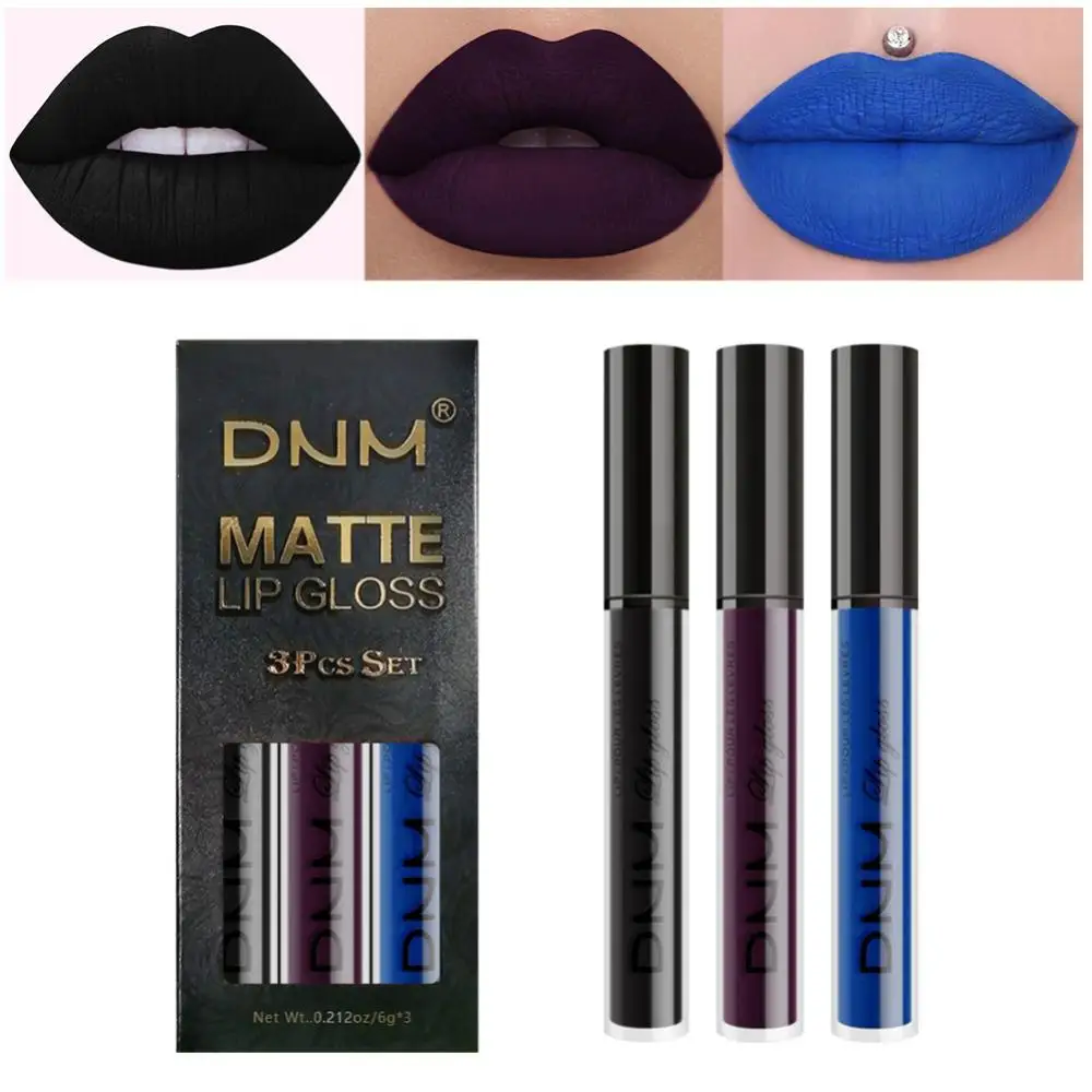 

3psc Black Green Purple Matte Liquid Black Lipstick Set Easy To Color Lip Gloss Long Lasting Sexy Lip Tint Makeup Cosmetics Kit