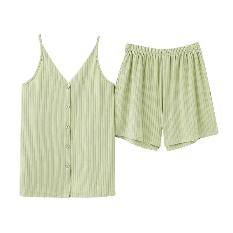 Simple Senior Sense Sleepwear Women Summer Casual Pajamas Cardigan Undershirt Doll Collar Suspenders Shorts Sexy Home Wear