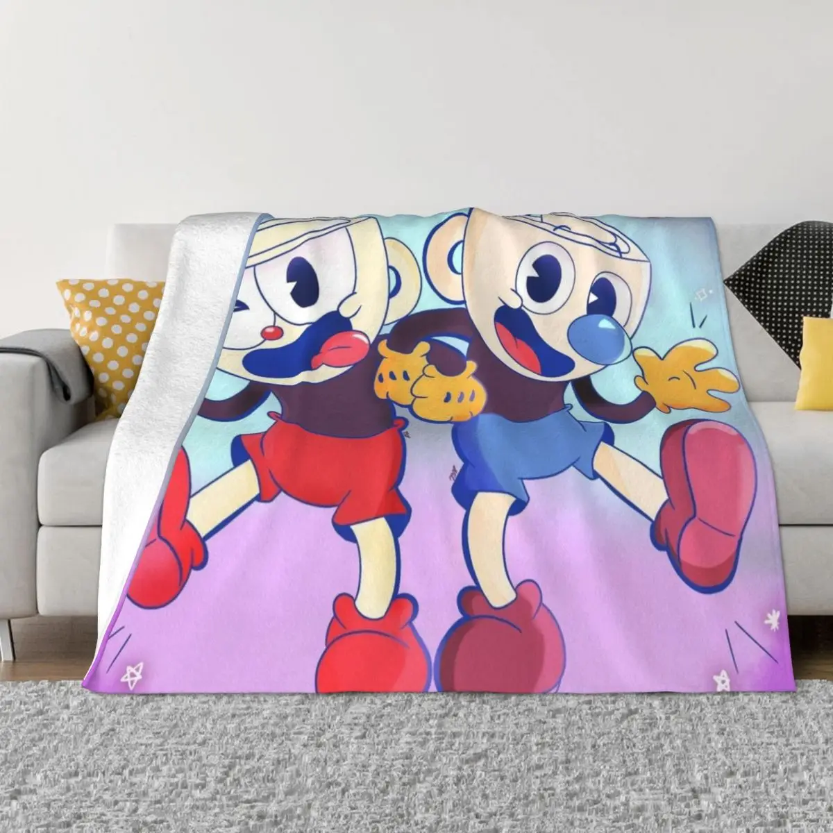 

3D Print Funny Cuphead Mugman Blankets for Couch Travel Bedding Breathable Soft Flannel Winter Cartoon Game Throw Blanket