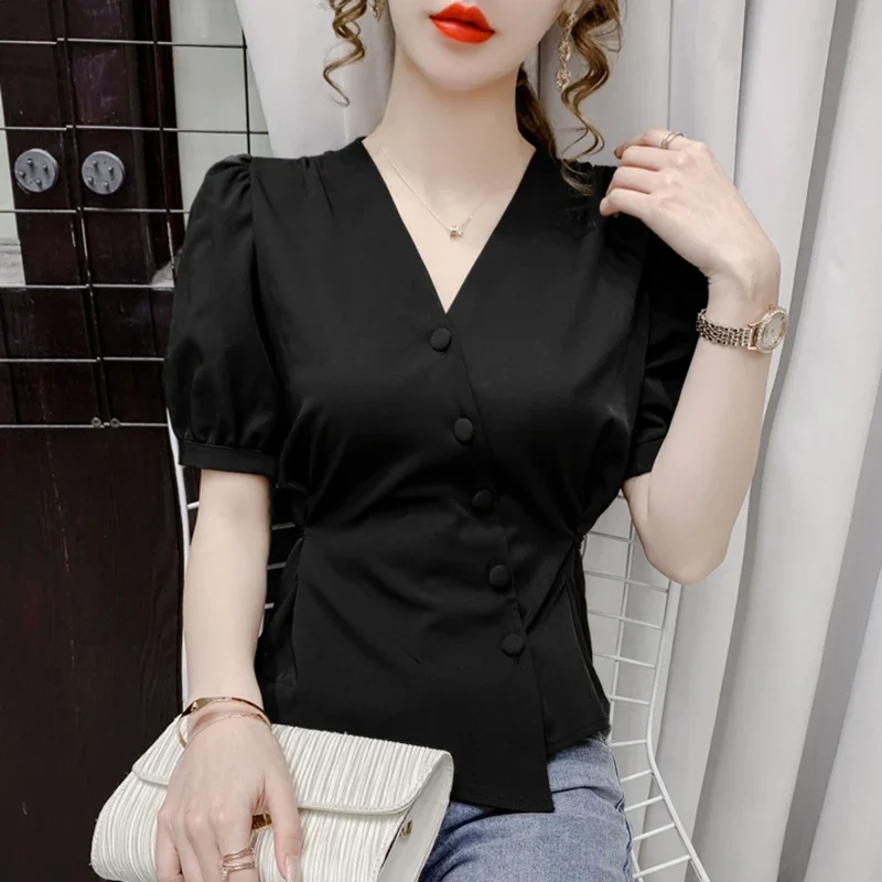 2024 Модные летние белые блузки с v-образным вырезом женские элегантные