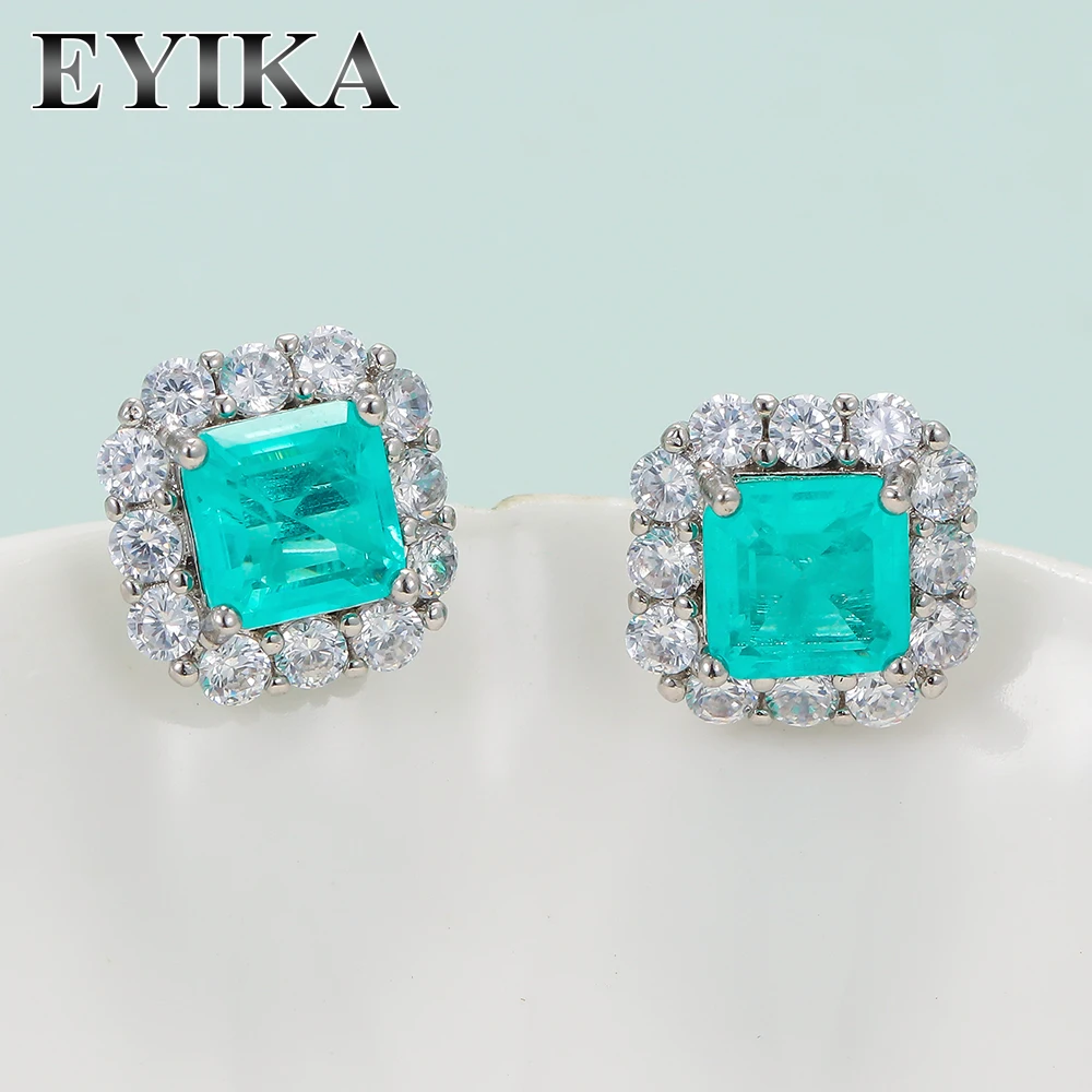 

EYIKA Brazilian Blue Gemstone Square Paraiba Tourmaline Small Stud Earrings for Women Elegant Wedding Party Fine Jewelry Gift