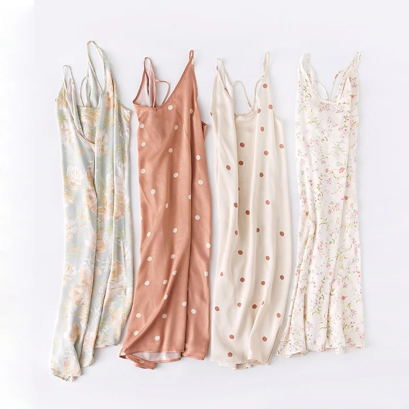 Lingerie Nightgowns Sexy Women's Satin Print Nightdress Slip Dress Slim Style Long Dress Pajamas Underwear Cute Girl Nightdress