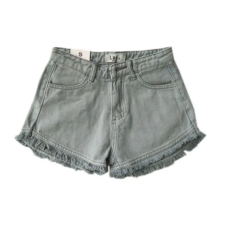 

2022 Spring and Summer New Practical Easy to Match Slimming/Solid Color Retro High Waist Raw Hem Tassel Denim Shorts for Women