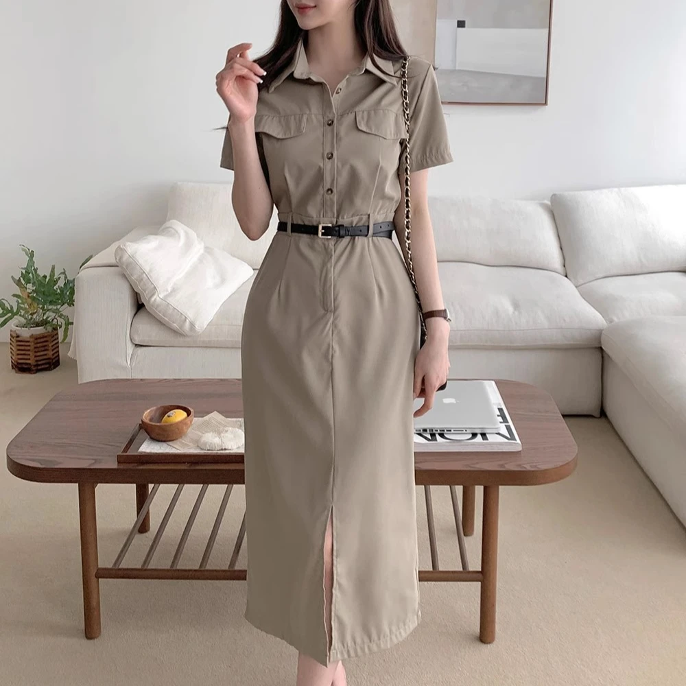 Платье-карго цвета хаки для женщин с поясом платье отложным воротником