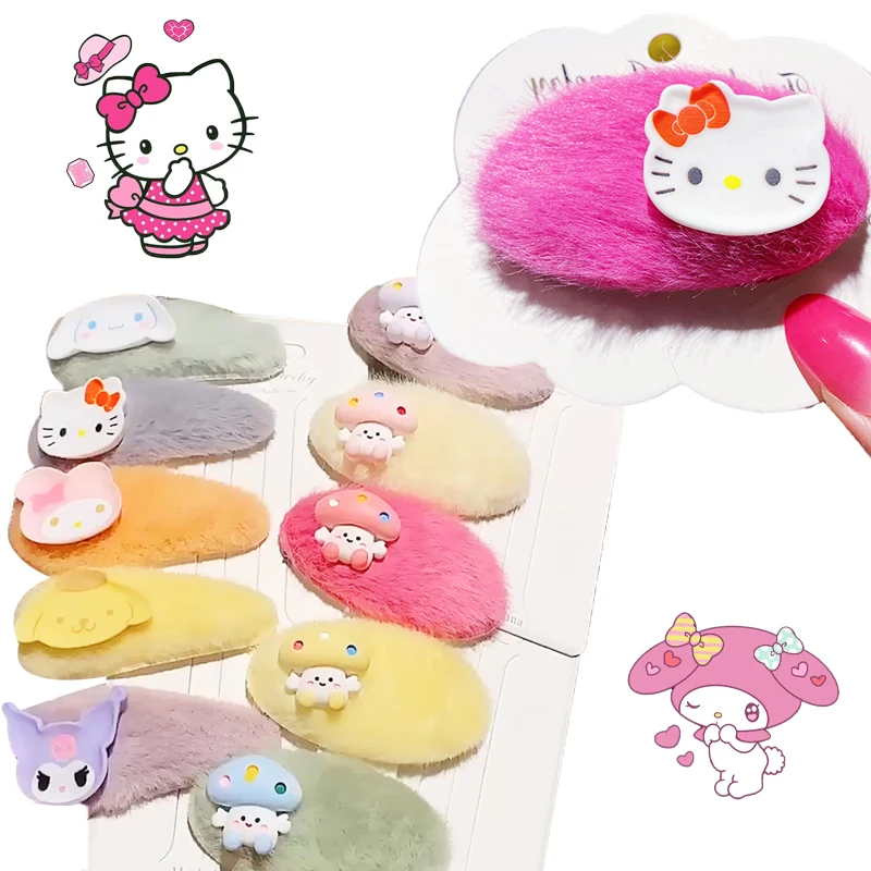 

Kawaii Sanrioed Plush Hair Clips Hello Kitty Kuromi Cinnamoroll Plush Hair Accessories Girls Water-Drop Oval Shaped Hairpin Gift
