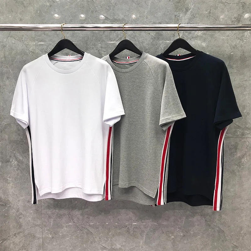 

TB THOM Summer Men T-Shirt Interlocking RWB Side Edge Stripe Women Blouse Loose Short Sleeve Korean Design Oversized T Shirt