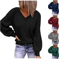 2022 autumn and winter new large size loose knitted sweater v neck solid color pullover womens