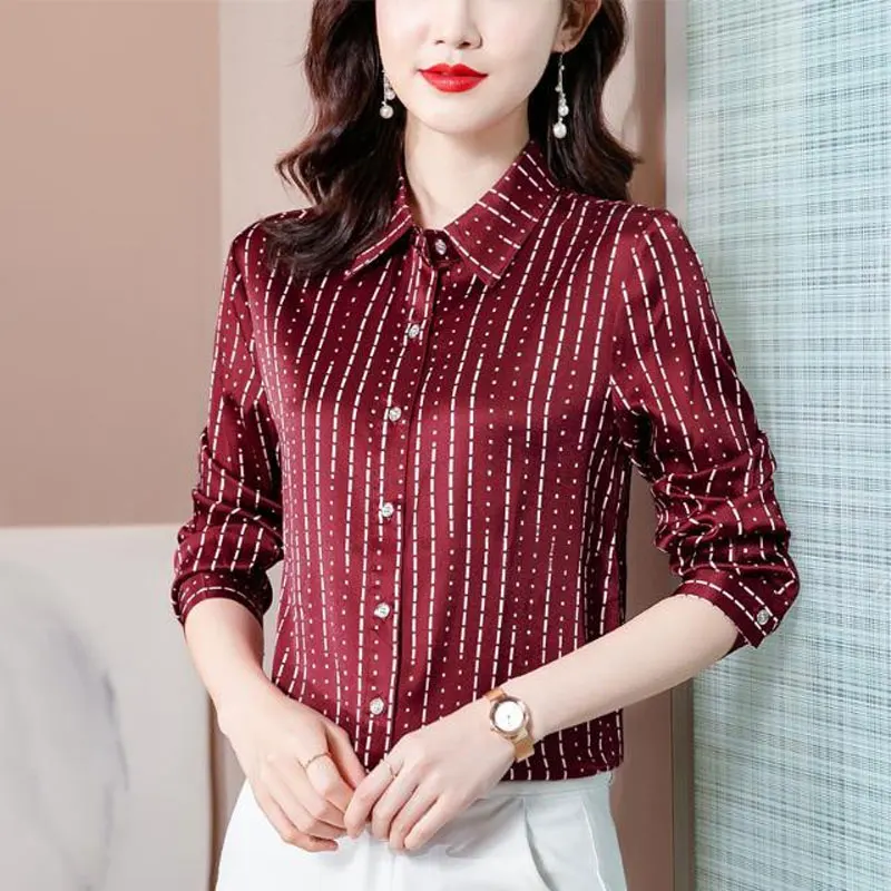 2023 Commute Striped Printed Shirt Female Clothing Stylish Turn-down Collar Spring Autumn Casual Single-breasted Spliced Blouse
