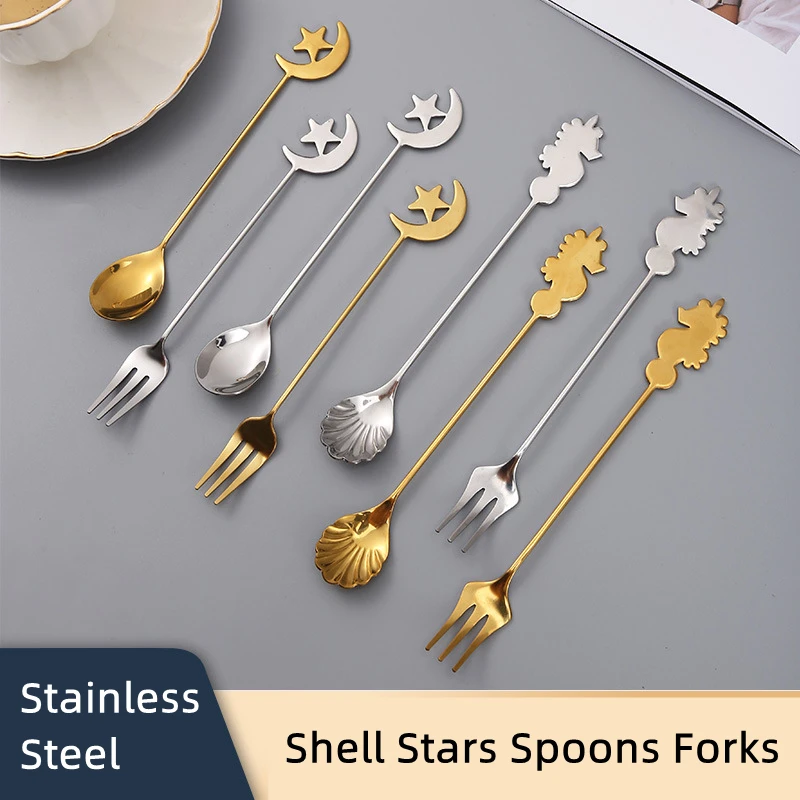 

Shell Stars Spoons Fork Cake Coffee Honey Soup Stirring Spoons Dessert Sand Ice Cream Forks 304 Stainless Steel Travel Tableware