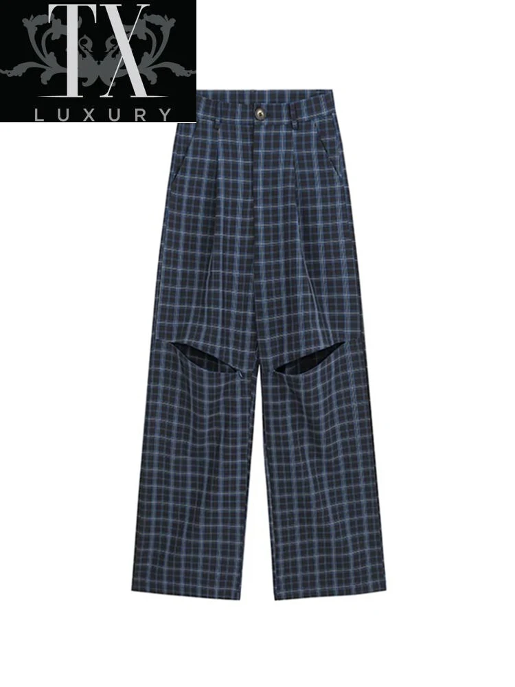 

Female Korean Ins Plaid Women's Loose Casual Waist Hole Lattice Trousers Harajuku High Street All-Match Button Pants