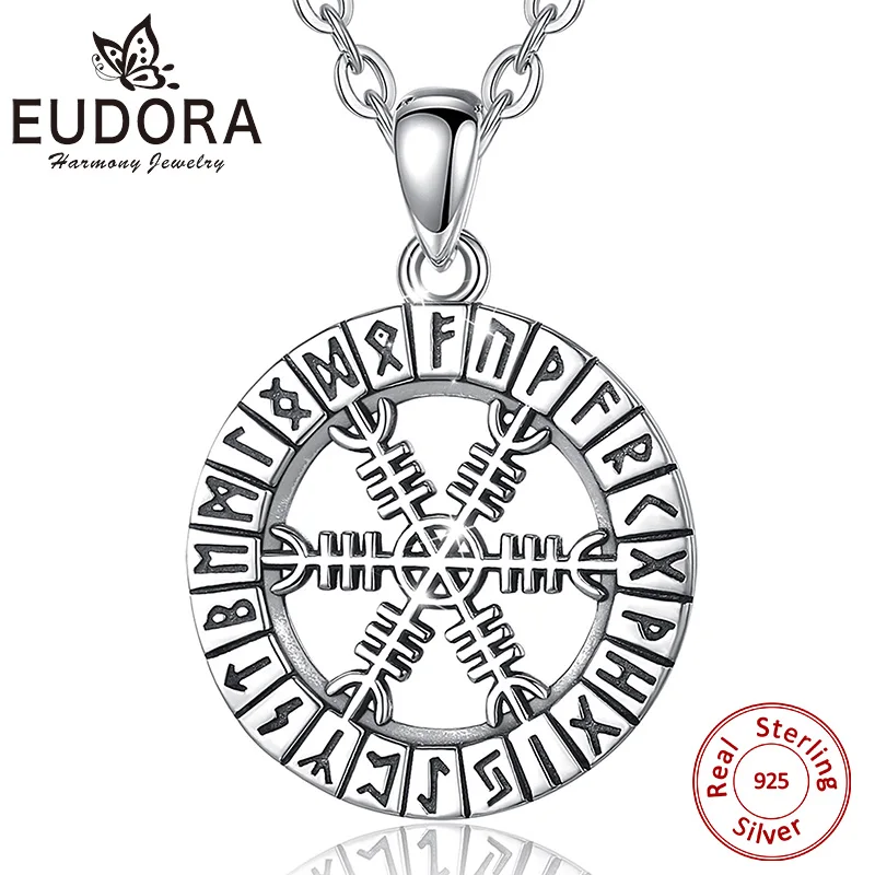 Eudora 925 Sterling Silver Viking Valknut Pendant Guidepost Compass Necklace Fine Norse Viking Amulet Jewelry for Man Women Gift