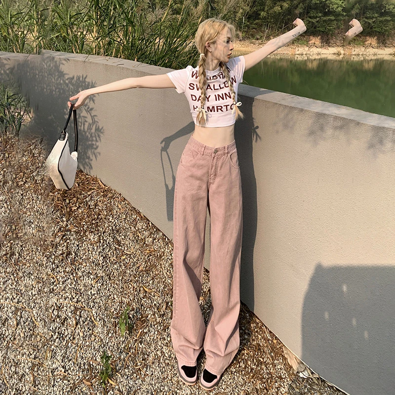 Vintage Jeans Women's 2023 New Purple Autumn Winter High Street Pants High Waist Straight Tube Loose Wide Leg Pants&Long Pants L