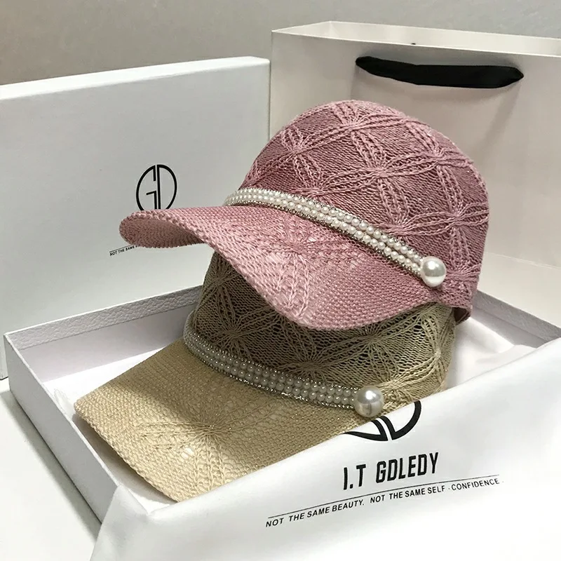 

Hollow Breathable Pearl Women's Baseball Cap Solid Color Adjustable Fashion Casual Big Brim Light Luxury Women's Sunhat