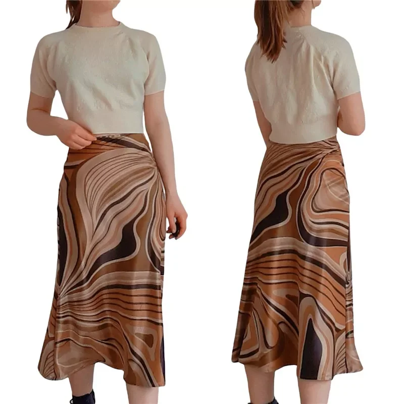 

Women Vintage Irregular Wavy Print Skirt Casual Long Skirt Brown Stripe Printed Pattern High Waist Fishtail Skirt
