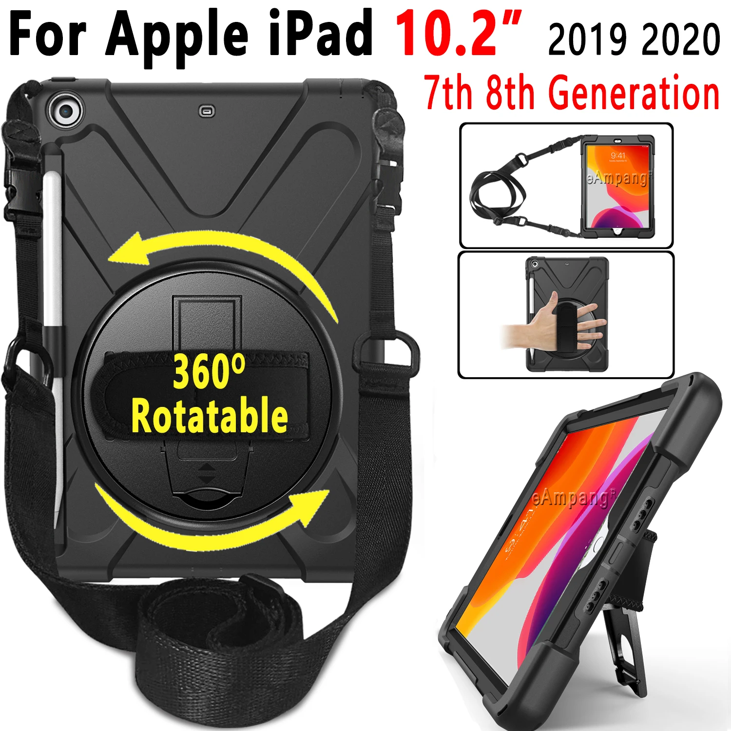 

Вращающийся на 360 градусов ударопрочный чехол для Apple iPad 10,2, 2019, 2020, чехол с держателем для карандашей 7-го поколения, ручной плечевой ремень