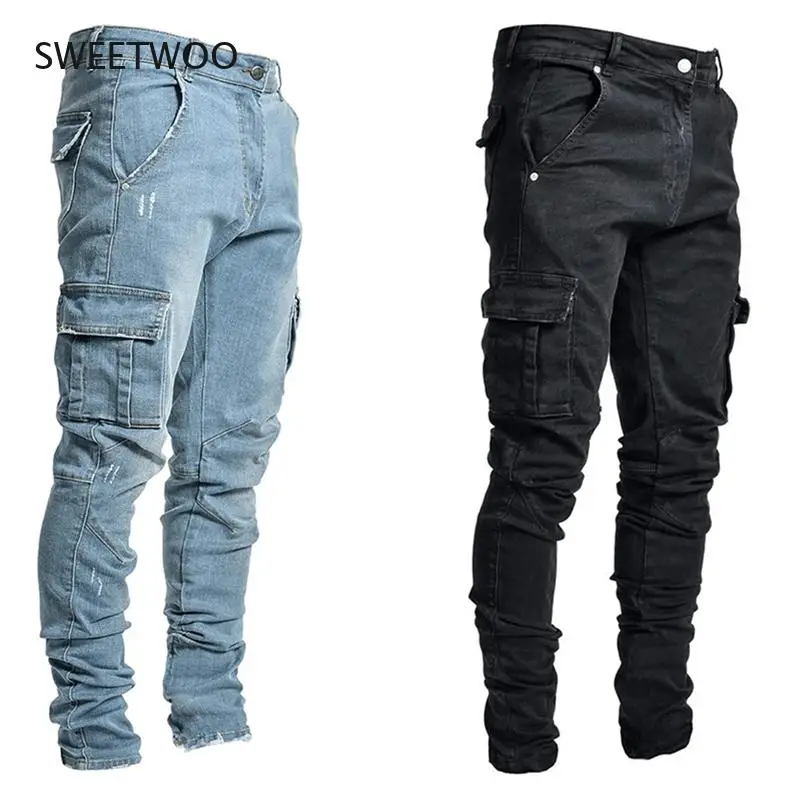 Jeans Men Pants Casual Cotton Denim Trousers Multi Pocket Cargo Jeans Men New Fashion Denim Pencil Pants Side Pockets Cargo