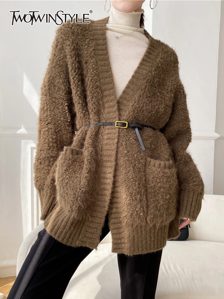

TWOTWINSTYLE Loose Knitting Sweater For Women V Neck Long Sleeve Sashes Solid Minimalist Cardigan Female Fashion Clothing Style