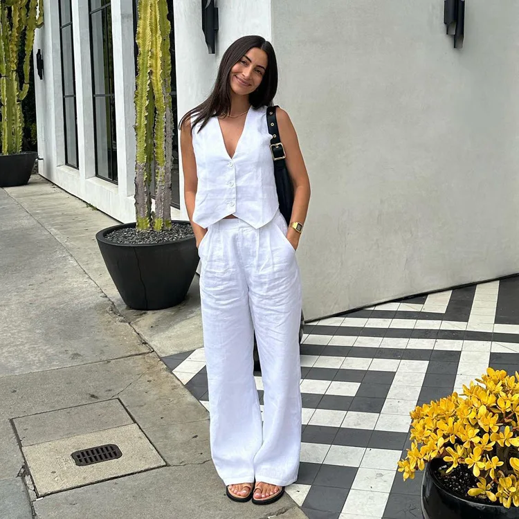 

Summer White Linen Two Piece Set For Women 2023 Fashion Sleeveless Tank Top New In Matching High Waist Wide Pants Set