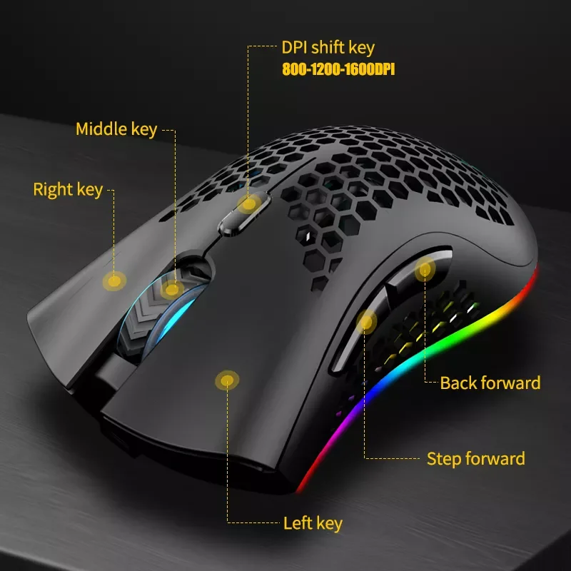 

2.4GHz Wireless Gaming Mouse 1600 DPI Adjustable RGB Backlit Rechargeable Mouse Lightweight Honeycomb Shell Gamer Mice