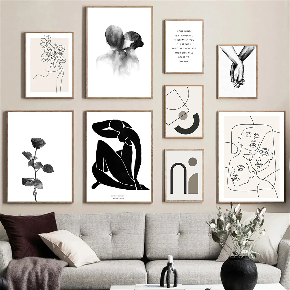 

Black and White Painting Shoulder Kiss Canvas Poster Abstract Line Posters Minimalist Print Wall Art Pictures Living Room Decor