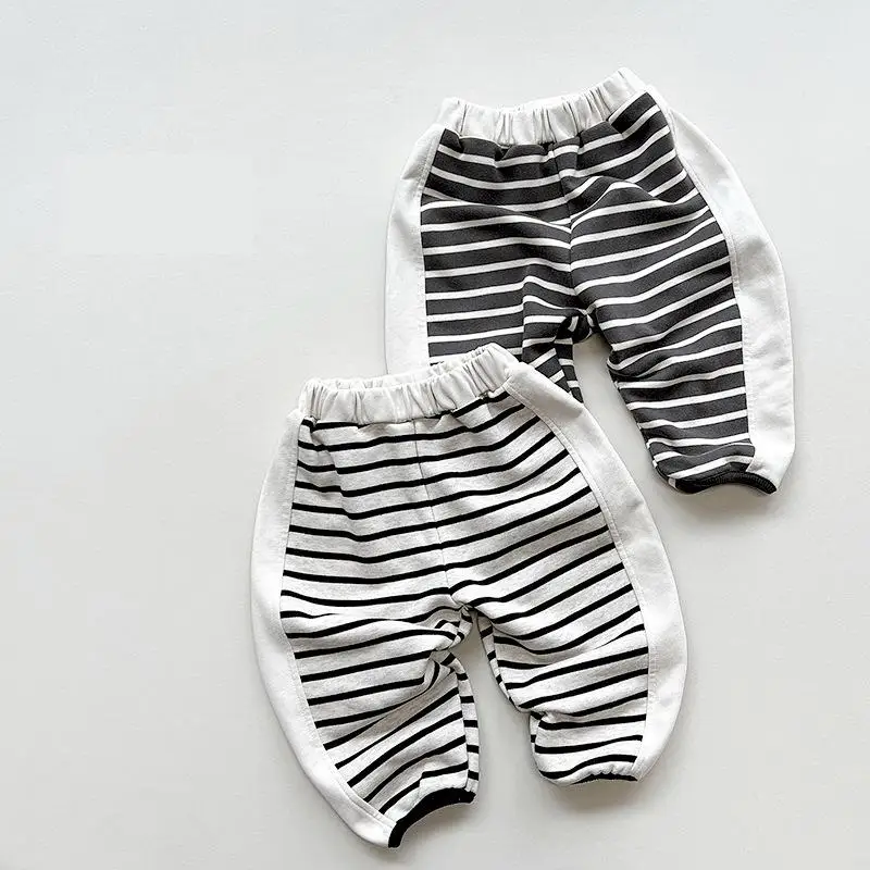 

2023 Autumn New Boy Girl Children Splicing Striped Casual Pencil Pants Baby Cotton Loose All-match Fashion Trousers Kid Outfits