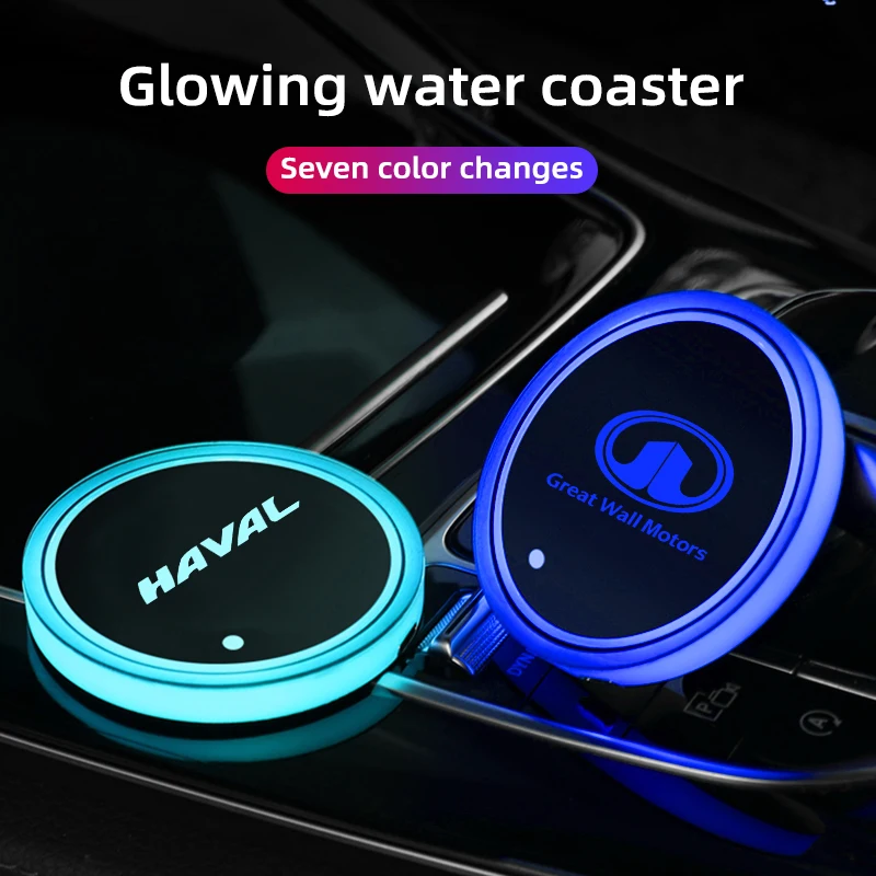 

2pcs LED Car Logo Cup Holder Pads RGB Changing USB Charging Coasters For Great Wall Haval Hover H3 H5 H6 F7 Jolion Accessories