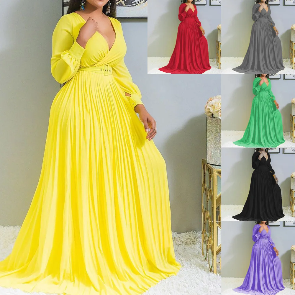 Plus Size Elegant Dress Pleated V Neck Loose Casual Cloth Lady Luxury Long Robe 2023 Summer Trendy Evening Party New In Dress