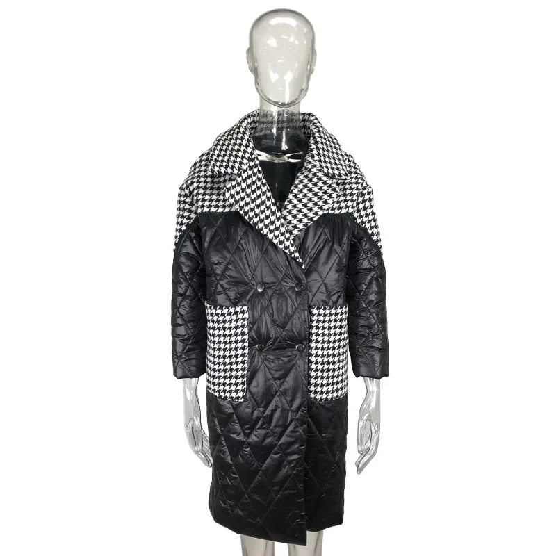 2023 Fall/Winter New Lapel Lapel Ladies Houndstooth Patchwork Fashion Coat Long Sleeve Stand Collar Elegant Loose Long Jacket