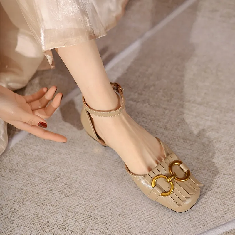 

Big Plus Size 42 43 Women Pu Leather Loafers Woman Retro Tassel Chain Square Toe Ankle Strap Sandals Ladies Slip On Flats Shoes